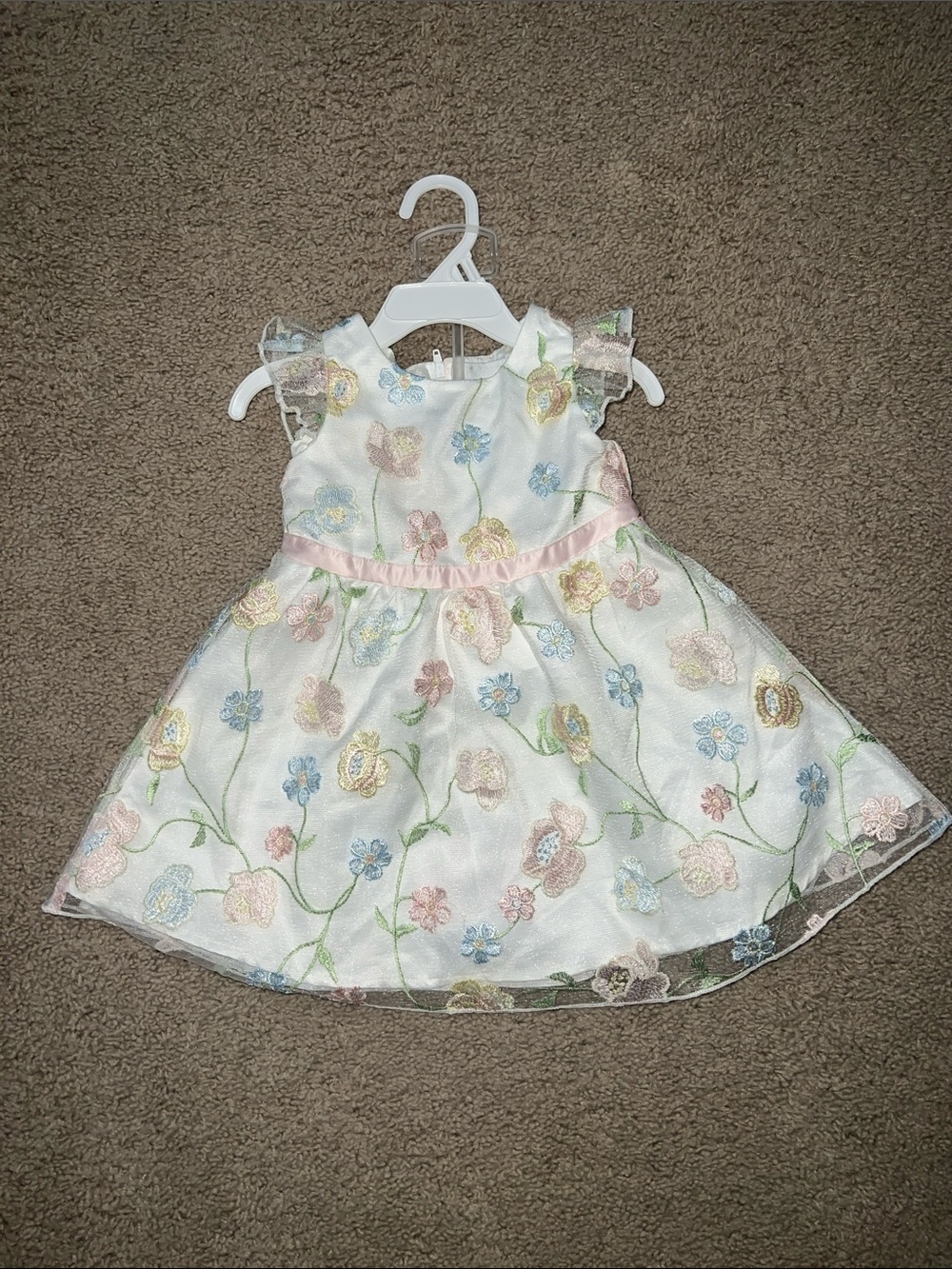 Rare Editions White Dress with Pink, Blue, Yellow, and Green Embroidery Overlay